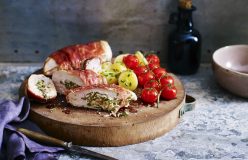 Lilydale Prosciutto-wrapped Chicken with Vine Tomatoes & Chat Potatoes